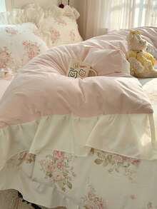 Pink Ruffle French Country Style 4-Piece Bedding Set, Romantic French Country Bedding Set, Breathable Soft All-Season Bedding Set Including 1 Duvet Cover, 1 Bed Sheet, And Pillowcases, No Filling, Suitable For Bedroom, Dorm, Home Use, Multiple Size Options, Back To School Dorm Decor, College Decor - Pink - View 4