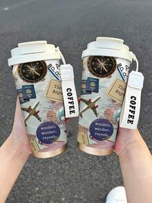 1pc/5pcs 500ml Wanderlust Travel Insulated Coffee Mug With Lanyard Lid, Vintage Collage World Map Compass Airplane Passport And Travel Quotes Print, Stainless Steel Reusable Cup, Suitable For Commuting Outdoor Gift - Multicolor - View 2