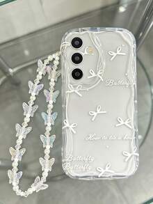 1 buah Casing Ponsel Transparan Lembut Motif Gelombang Besar Krem dengan Pita Putih & Cetakan Huruf Kupu-kupu, Gelang Manik-manik Kupu-kupu DIY, Pola Gelombang Putih Krem, Lensa Cakupan Penuh, Casing Lembut, Kompatibel dengan Ponsel Seri 1 - Clear - View 4
