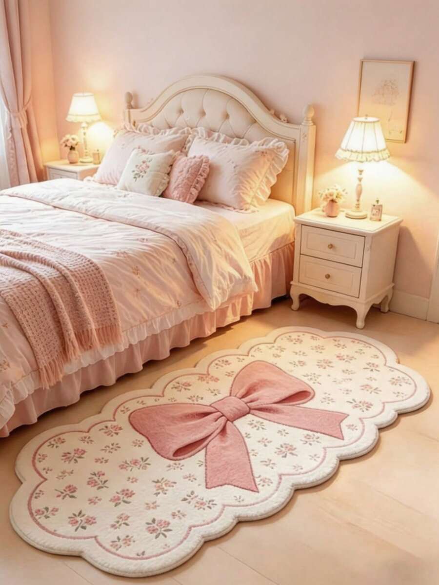 1pc Pink And White Wavy Edge Bow Rug, Faux Cashmere, Thickened Carpet, Plush Carpet, Autumn/Winter Carpet, Thickened Carpet, Decorative Carpet, Bedroom Decor - Multicolor - View 1