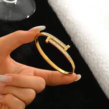 1/3pcs Popular Chinese Style Bamboo Knot Bracelet, Exquisite 3D Bamboo Knot Texture Craftsmanship, Paired With Shiny Double-Row Zirconia Stud Bracelet Two Styles, Warm Gold Tone Flattering To Skin Tone, 304 Stainless Steel For Sensitive Skin, Long-Term Wear Without Rusting Or Peeling. Gentle Style, Cool Style, Commuter Style One-Click Adaptation, Influencer Style Popular Bracelet, High Cost-Performance Perfect For Gifting. - Double Nail Bracelet - View 3