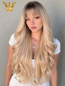 30 Inch Women Long Wavy Ombre Wig With Bangs, Synthetic Heat‑Resistant Natural Looking Dark Root Blonde Ash Brown Full Head Wig For Woman Daily Wear Party Halloween Cosplay - Multicolor - View 1