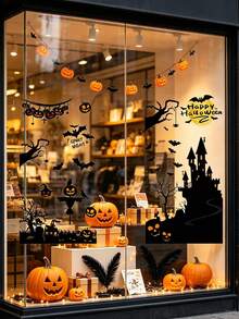 New Halloween Black Castle, Bat, Pumpkin Window Glass Static Cling Stickers Scene Decor, Halloween Party, Store Window Decoration - Sticker - View 4