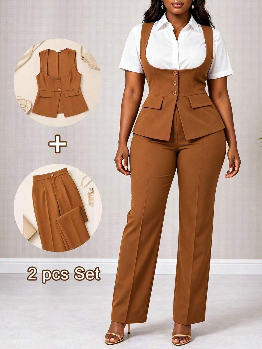 Bộ vest 2 món nữ màu nâu gồm áo gile sát nách cổ chữ U cài nút, buộc dây sau lưng và quần ống đứng cạp cao, trang phục công sở lịch sự đi làm - màu nâu - Xem 1