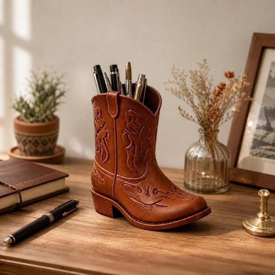 1 buah Tempat Pena Sepatu Bot Koboi Barat Vintage, Finishing Matte Desain Retro, Tempat Pena Pajangan Meja Buatan Tangan - MultiWarna - View 1