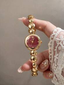 LIANDU Elegant Round Quartz Women's Wristwatch, Gold-Tone Burgundy Dial With Beaded Metal Strap, Luxurious Exquisite Women's Jewelry Watch, Suitable For Wearing On Various Occasions Such As Holidays, Thanksgiving, Christmas, Back To School, Parties, Weddings, Halloween, Easter, And More, Perfect Gift For Women - Gold - View 8