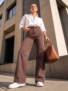 Fall Women's Brown Straight Leg Denim Jeans, Casual Cute Style With Pockets And Zipper, Long Washed Design - Rust Brown - View 6