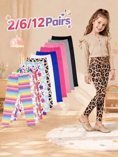 2/6/12 pares de mallas coloridas para niñas con estampados lindos y unicolor, suaves para uso diario y actividades casuales, leggings ajustados para niños