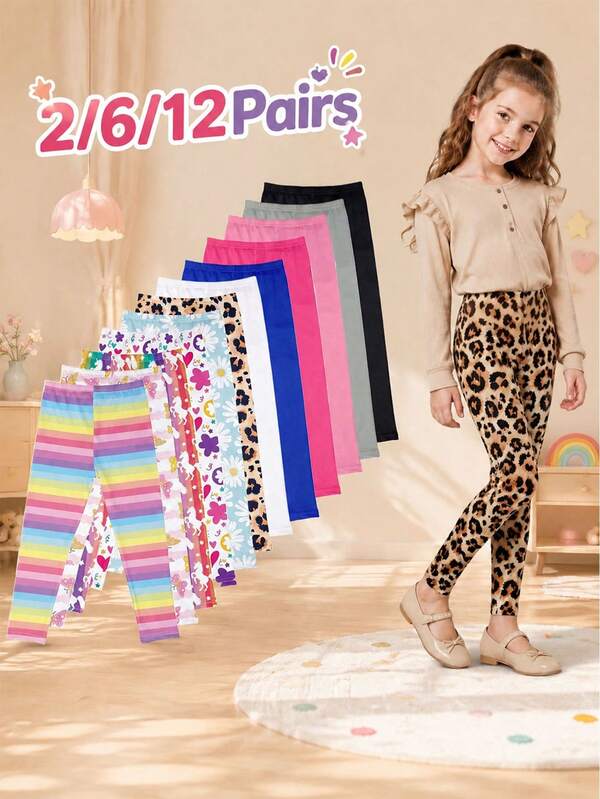 2/6/12 pares de mallas coloridas para niñas con estampados lindos y unicolor, suaves para uso diario y actividades casuales, leggings ajustados para niños