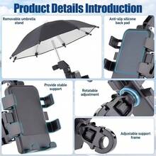 1PC Bicycle Phone Holder With Adjustable Shock-Absorbing Handlebar Clamp And Small Umbrella, Suitable For Bicycles, Motorcycles And Electric Scooters - Black - View 8