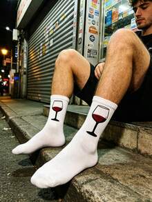 1 Pair Men's White Mid-Calf Socks With Red Wine Glass Pattern, American Street Style Socks, Suitable For Daily Wear/Skateboarding/Fun Gift - Multicolor - View 4