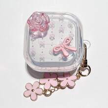 Pretty 3D Camellia Bow Anti-Drop Soft Shell Earphone Case + Pink Flower Keychain Pendant Compatible With Samsung Galaxy Buds 4/4pro/3pro/Core/2pro/FE/Core/3FE/LIVE Wireless Bluetooth Earphone Protective Case - Pink Camellia - View 4