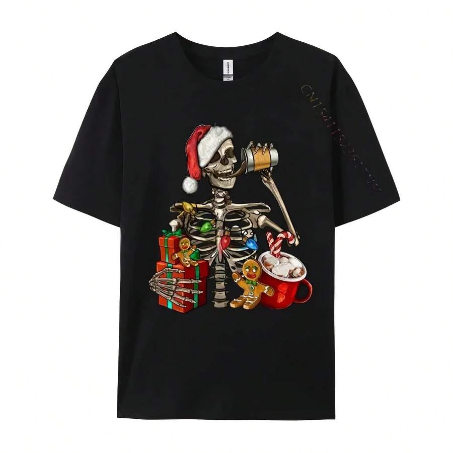 Oversized Cotton Graphic T-Shirt For Men With A Print Of A Smiling Skeleton Drinking Coffee With Milk, Hip Hop Style. - 款式 - 查看 1