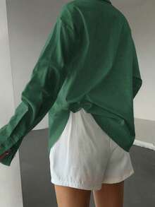 Vellofy 女款秋季森林綠棉質鈕扣襯衫，翻領胸前口袋寬鬆長袖上衣，適合度假、約會、通勤場合 - 墨綠色 - 查看 5