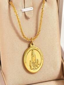 1pc Stainless Steel Round Virgin Mary Pendant Necklace, Religious Fashion Vintage Casual Ramadan Festival Gift, Daily Wear, Street Style Party (OPP Bag Packaging Box For Shooting Only) - Yellow Gold - View 3