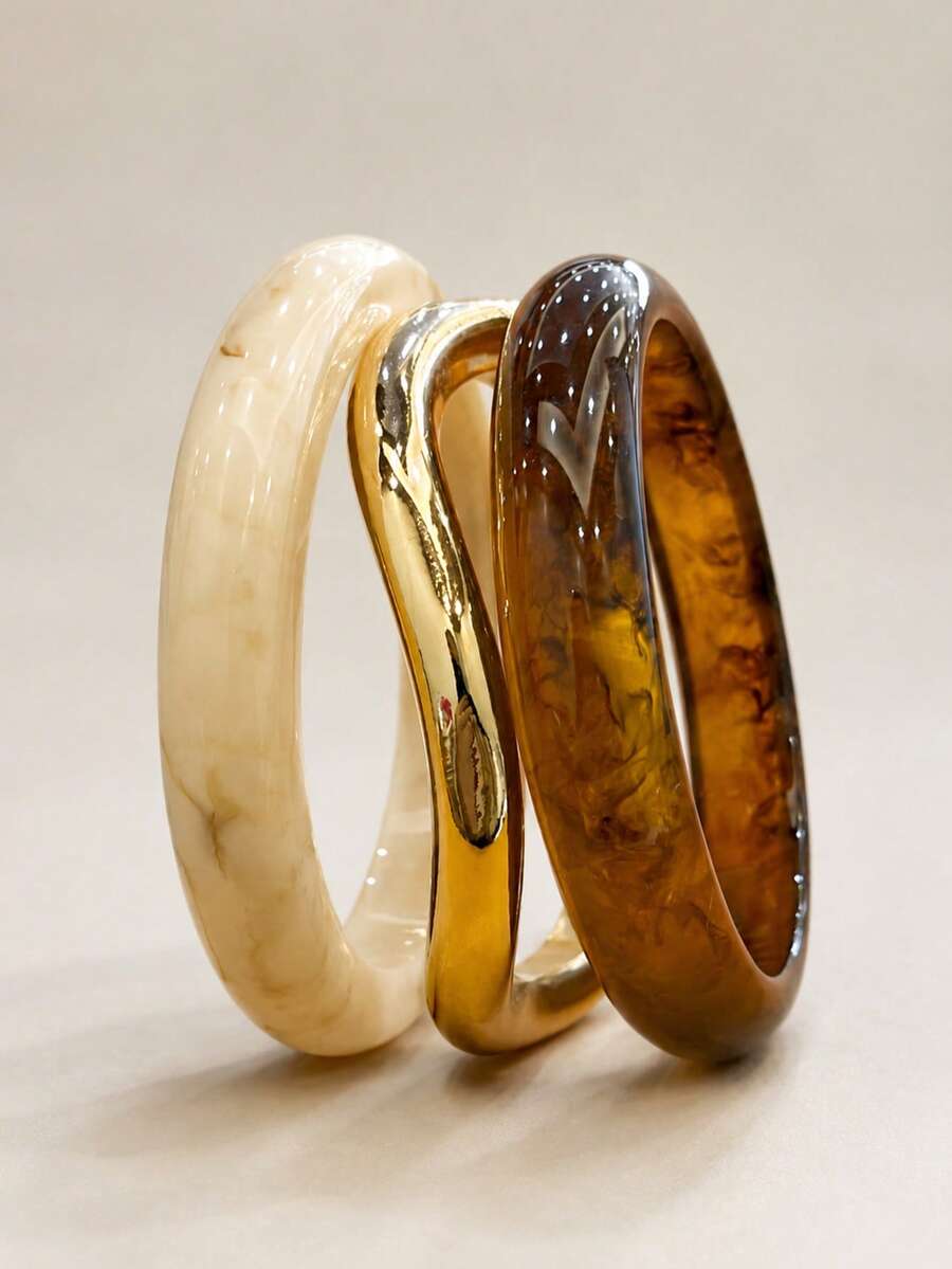 مجموعة 3 قطع أساور أكريليك بنية سميكة متعددة الطبقات بأسلوب بوهيمي عتيق عصري، مناسبة لارتداء النساء اليومي - متعدد الألوان - مشاهدة 1