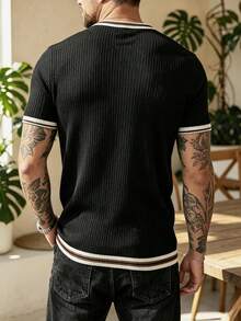 ALTZTAR Men's Knitted Contrast Color Crew Neck Short Sleeve T-Shirt - Black - View 2