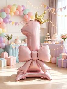 2pcs 42 Inch Blue Base Crown Number Foil Balloon With 21 Inch Pink Bow Balloon, Valentine's Day Birthday Wedding Party Gathering Decoration Balloons - View 1