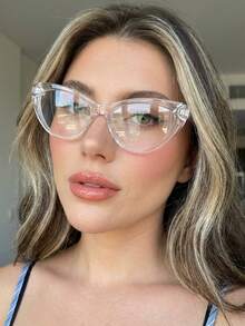1 Pair Women's Transparent Cat Eye Frame Minimalist Solid Color Retro Fashion Personalized Plain Lens Glasses - Clear - View 1