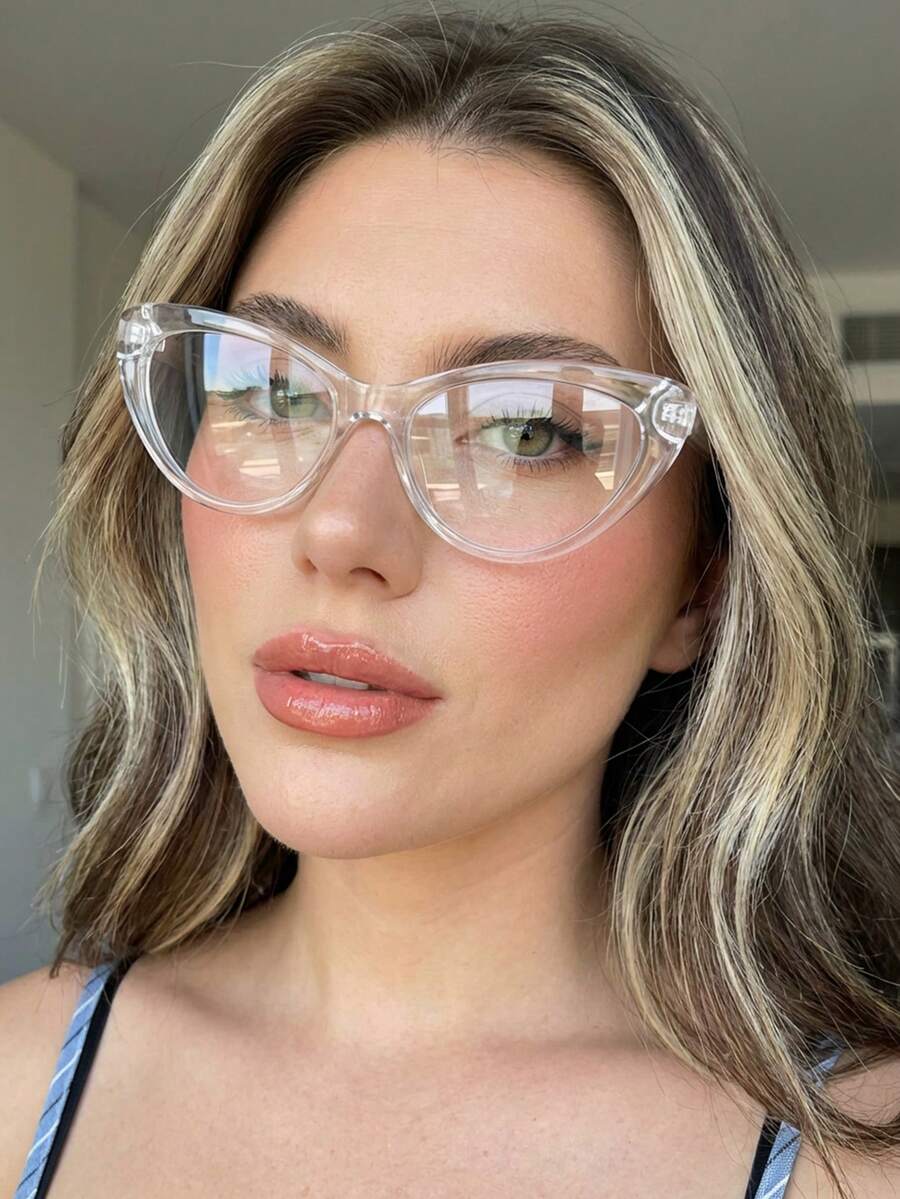 1 Pair Women's Transparent Cat Eye Frame Minimalist Solid Color Retro Fashion Personalized Plain Lens Glasses - Clear - View 1