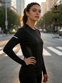Women's Mesh Breathable Long-Sleeved Slim Fit Elastic Outdoor Sun Protection Sports Running Set For Spring And Summer, Versatile And Comfortable - Black - View 3