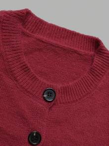 DONICY Women's Fall Winter Vintage Wine Red Round Neck Knit Sweater Cardigan, Long Sleeve Button Front Slim Fit Cropped Top, Commuting - Red - View 5