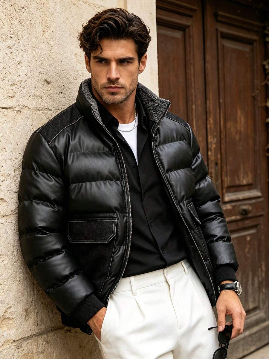Men's Winter Long Sleeve Padded Coat, Suitable For Daily Commute, Vacation, Gift Giving - Black - View 1