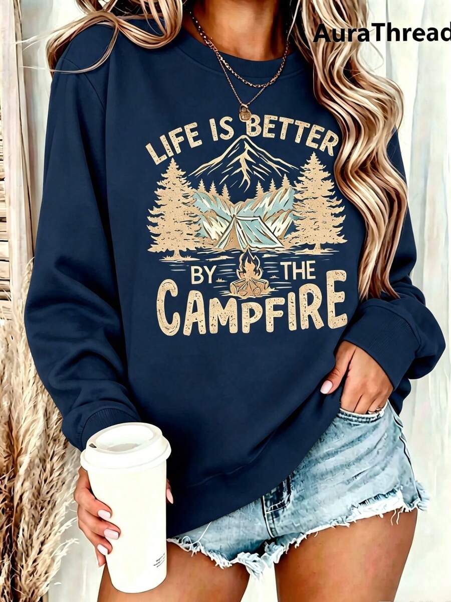 Suéter gráfico de campamento para mujer - "La vida es mejor junto a la fogata" Diseñ de montaña y árbol de pino, suéter de cuello redondo cálido para otoño e invierno, de elastici - Azul marino 3 - Ver 1