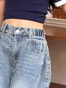 Tween Girl Spring Casual Versatile Daily Wear Wide Leg Denim Jeans With Pockets And Buttons - Blue - View 3