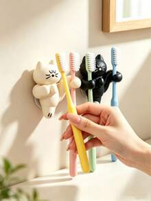 1pc Cute Cat Shaped Wall Mount Holder, Functional Toothbrush Rack + Cable Organizer, No-Drill Adhesive Hook, Suitable For Bathroom Sink, Desktop Charging Cable Storage - Multicolor - View 4