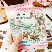 Ancient Style Miniature Landscape Scene Sticker Collection Book, Includes 24 PET Stickers And 12 Scene White Cards, Waterproof Self-Adhesive Ancient Style Cat Scene Collage Materials, Suitable For Scrapbooking, DIY Greeting Cards, Guka, Photo Frame Decoration, Stress Relief For Scrapbook Enthusiasts - Tanuki Spring Mountain Vintage Scenery Sticker Book - View 4