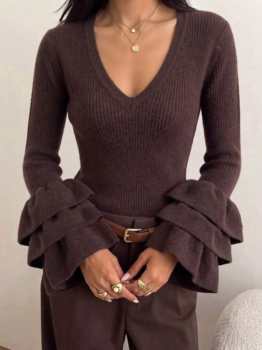 SEREN Autumn/Winter New Coffee Color V-Neck Knit Sweater, Slimming Waist Soft Inner Layer Top, Ruffle Bell Sleeve Design, Daily Wear - Coffee Brown - View 1