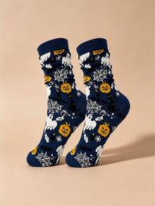 4 Pairs Halloween Themed Mid-Calf Socks, Pumpkin, Skeleton, Ghost, Skull, Black Cat Student Socks, Casual Mid-Calf Socks, Unisex For Party And Daily Wear - Black - View 8