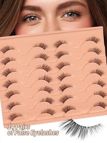 MAANGE 14 Pairs/Box Half-Length False Eyelashes, Soft And Lightweight, 3D Faux Mink Material, Creates Natural Makeup Effect, Reusable, Suitable For Daily Makeup, Fresh Girly Style, Strip False Eyelashes, False Eyelashes (Or 5 Pairs Half-Eye Eyelashes) - Black - View 11