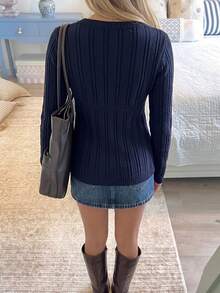 Áo len chui đầu nữ phong cách preppy cổ điển, tay dài, cổ chữ V, dệt vặn thừng, dáng peplum, vải dệt co giãn vừa, phù hợp mặc mùa thu/đông - Màu xanh hải quân - Xem 6