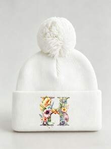 1pc Baby Beanies Boy Girls White Pom-Pom Cap With A-Z Letter Colorful Floral Hat For Boys And Girls Ages 0-8Y, For Hat Accessories Winter Warm Hat - Multicolor - View 46