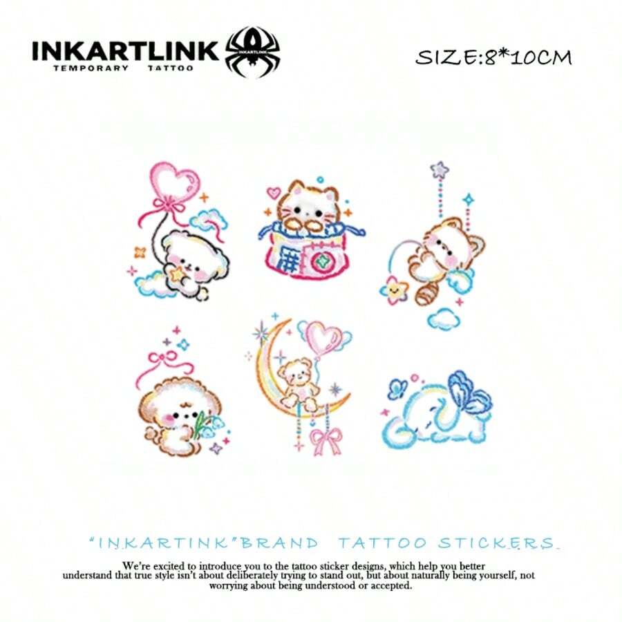 INKARTLINK INKARTINK 可爱猫狗图案动物临时纹身贴纸，防水持久2-5天，彩色水转印纹身贴纸，逼真仿真纹身，小众设计迷你装饰贴纸