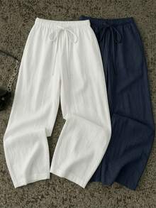2pcs Women's 7/8 Wide Leg Pants, Summer New Elastic Waist Drawstring Breathable Slouchy Loose Casual Pants, Suitable For Daily Wear - Multicolor - View 3