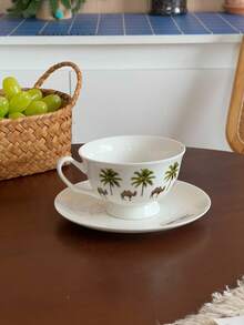 1pc Palm Tree Camel Ceramic Coffee Cup And Saucer, Suitable For Daily Home Use, Kitchen, Restaurant, Cafe, Office; Perfect For Espresso And Arabic Coffee. Saudi Style Coffee Cup, Ideal For Afternoon Tea, Cafe And Kitchen - Perfect Gift. - Multicolor - View 1
