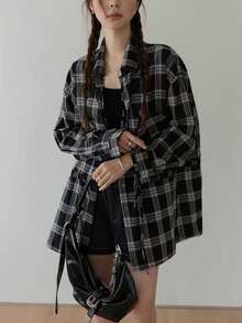 女款黑色格紋長袖襯衫，翻領前開鈕扣聚酯纖維上衣，秋季頹廢風，標準長度 - 黑色 - 查看 6