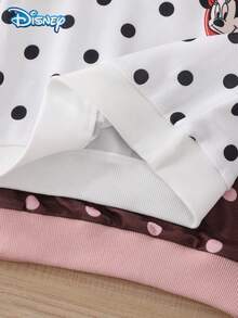 Disney 4Pcs Baby Girl Autumn Minnie Mouse Color Block Polka Dot Print Ribbed Long Sleeve Sweatshirt Set, Fashion White & Coffee Elastic Waist Long Pants Sweatpants, Cute Casual Spring Outfit - Multicolor - View 5