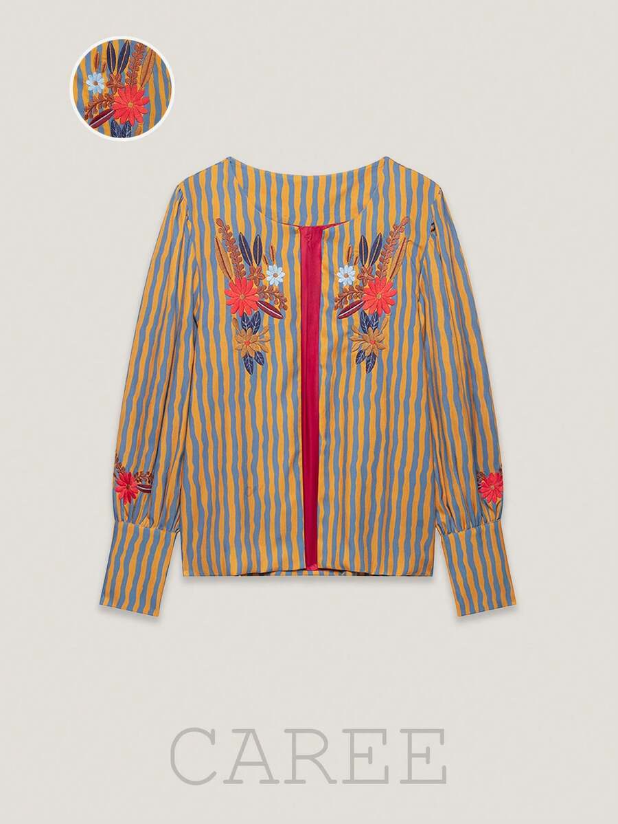 CAREE Women's Autumn/Winter Orange & Blue Vertical Striped Heavy Floral Embroidered Round Neck Button-Up Petal Sleeve Cropped Vintage Jacket - Multicolor - View 1