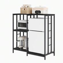 4-Tier Baker's Rack With Mini Fridge Stand - Coffee Bar & Microwave Stand - Heavy-Duty Metal & Wood Kitchen Storage Shelf, Freestanding Kitchen Station - Black - View 1