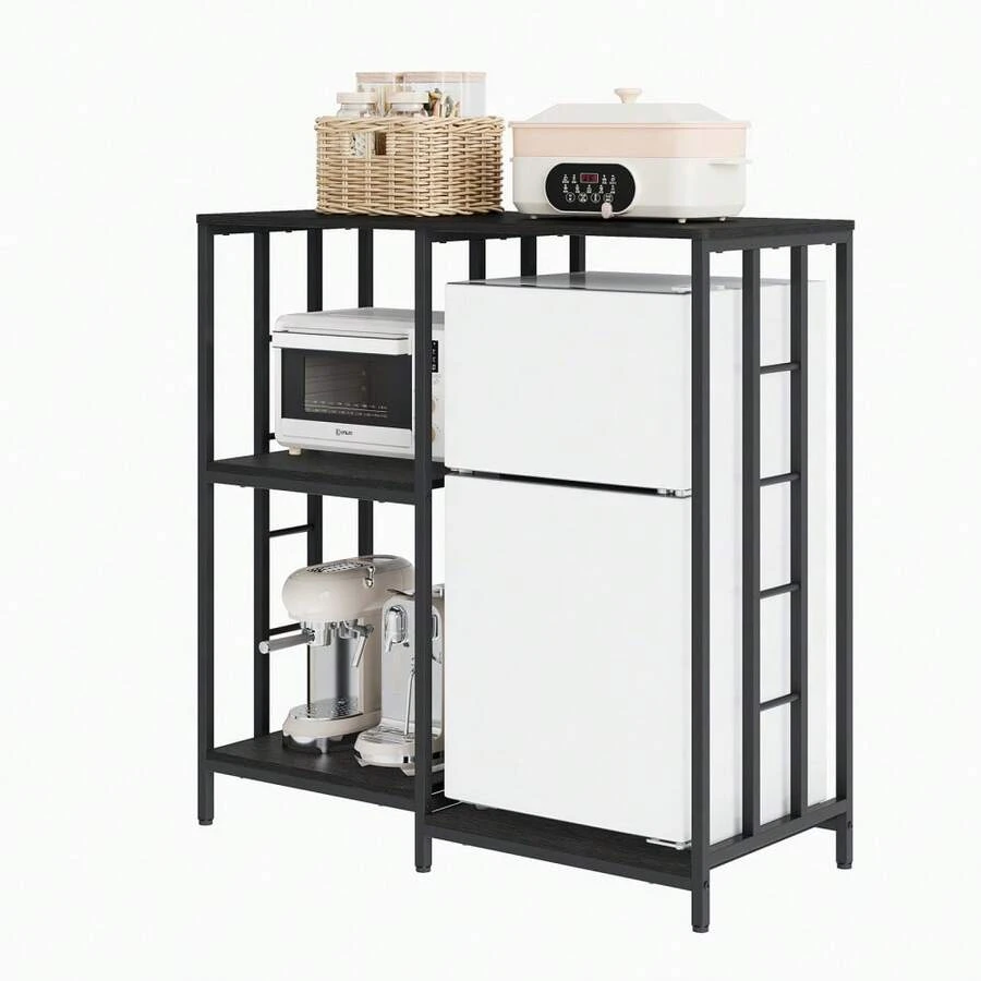 4-Tier Baker's Rack With Mini Fridge Stand - Coffee Bar & Microwave Stand - Heavy-Duty Metal & Wood Kitchen Storage Shelf, Freestanding Kitchen Station - Black - View 1