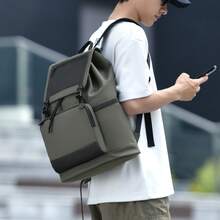 1 pièce Sac à dos à rabat de couleur contrastée à la mode, grande capacité, sac pour ordinateur portable, sac à dos de voyage d'affaires, sac de navette pour hommes, sac d'école pour étudiants - sac à dos - Voir 11