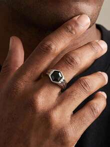 1 buah Cincin Perak Cor Heksagonal Stainless Steel Vintage dengan Zirkonia Hitam untuk Pria, Aksesori Perhiasan, Hadiah Liburan - RC985S - View 9