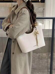 Bolso de hombro tipo tote para mujer, gran capacidad, beige minimalista, con Charm floral lindo, suave y elegante, adecuado para compras y desplazamientos - Blanco - Ver 6
