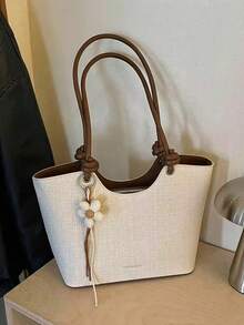 Bolso de hombro tipo tote para mujer, gran capacidad, beige minimalista, con Charm floral lindo, suave y elegante, adecuado para compras y desplazamientos - Blanco - Ver 3