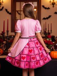 Young Girl Halloween Heart Print Square Neck Petal Sleeve Holiday Party Birthday Gathering Dress - Pink - View 4