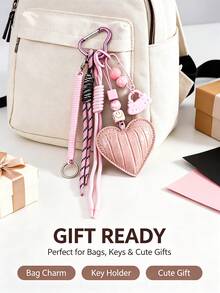 Y2K Crocodile Pattern PU Heart Keychain, Woven Tassel Bag Charm With Spring Coil Rope, Vintage Bag Decoration, Aesthetic Bag Accessory Gift For Girls - Multicolor - View 5